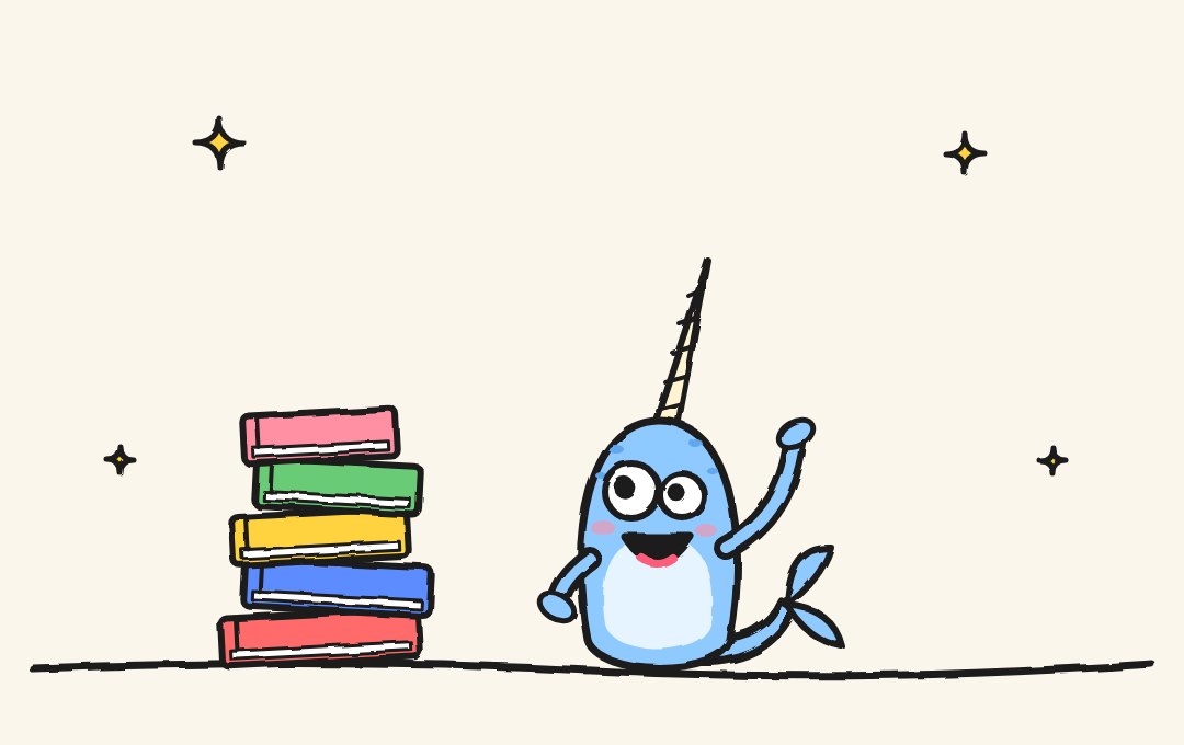 The Whale Read narwhal waving next to a stack of books